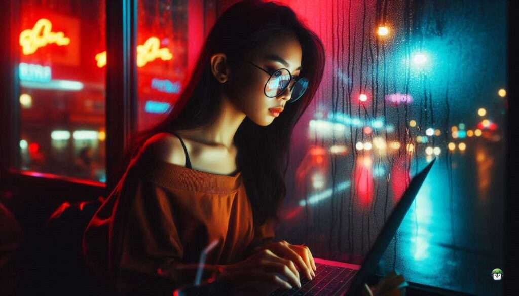A young Filipina hacker in black-rimmed glasses uses SQLmap with Tor in a dim Manila internet café at night, with rain falling and code reflected in her lenses.