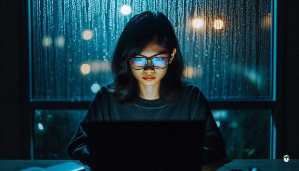 Young Filipina hacker Calista wearing black-rimmed glasses, studying terminal output on her laptop in a rain-soaked Manila apartment at night.