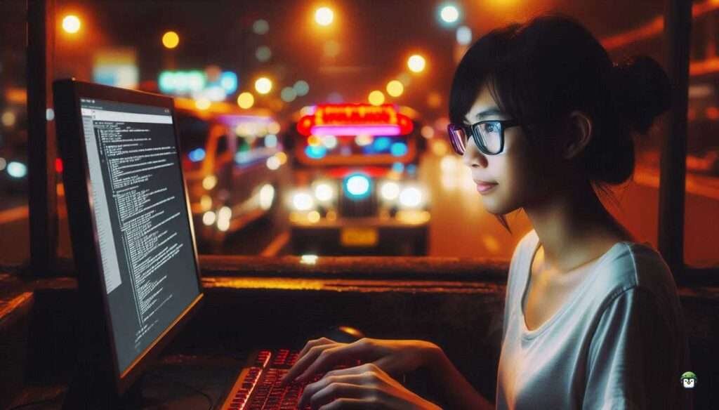 Young Filipina hacker Calista in a neon-lit Manila coworking space, working on Metasploit Payloads in Termux with shell output on her screen.