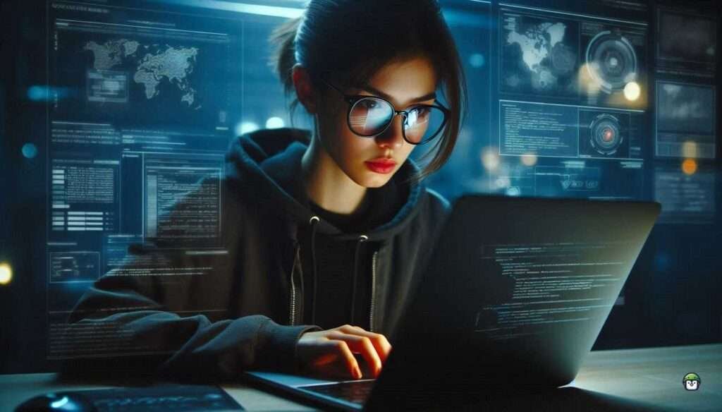 Young Filipina hacker, Calista, wearing black-rimmed glasses, writing custom exploits with Metasploit on Termux in a cinematic, tech-focused workspace.
