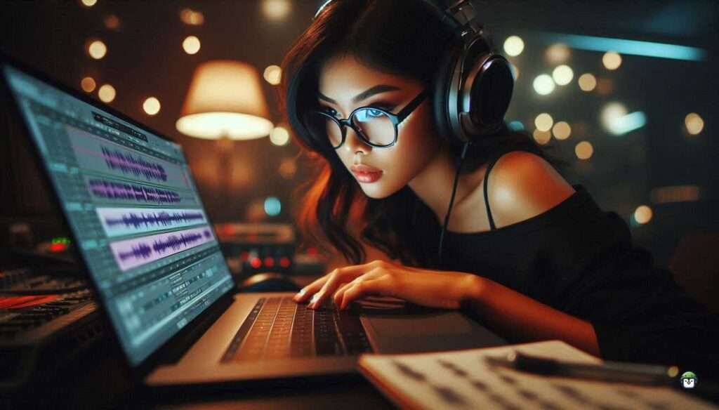 Calista editing audio files on her laptop, focused on segmenting long audio tracks using FFmpeg, with a notepad showing audio timestamps and notes.