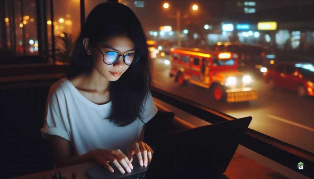 A young Filipina developer wearing black-rimmed glasses stares intensely at her laptop in a night-time coworking space, caught in the moment of making a last-minute software alteration.