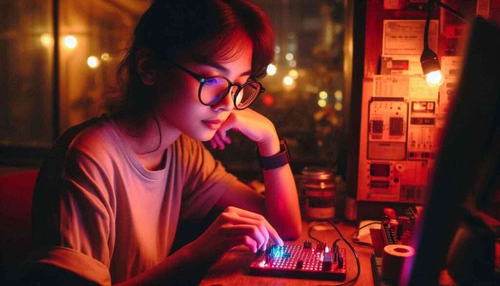 A young Filipina in glasses codes an ESP32 icon matrix at night, illuminated by the red glow of an 8x8 LED display during a Manila brownout.