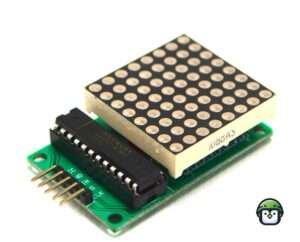 An 8x8 LED matrix display wired to the MAX7219 driver chip, illustrating its setup with microcontrollers for dynamic LED control.