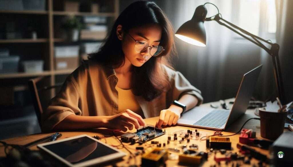 Young Filipina wearing black-rimmed glasses works on ESP32 electronics at a wooden desk in a sunlit home workshop, surrounded by components and a laptop.