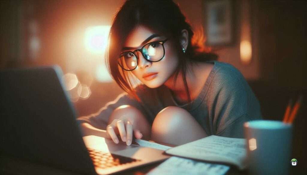 A young Filipina with thick black-rimmed glasses, sitting cross-legged at a desk, focused on her laptop surrounded by tech books and a coffee mug, with a warm artistic filter.