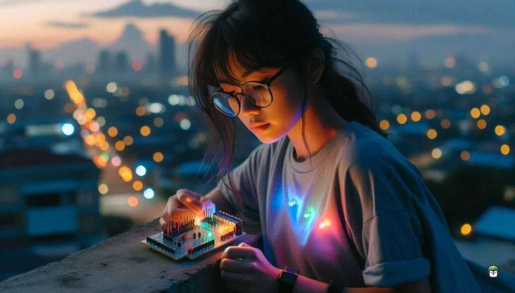 A young Filipina in glasses on a city rooftop controlling synchronized LEDs on a breadboard using timers on ESP32, with ambient Manila skyline in the background.