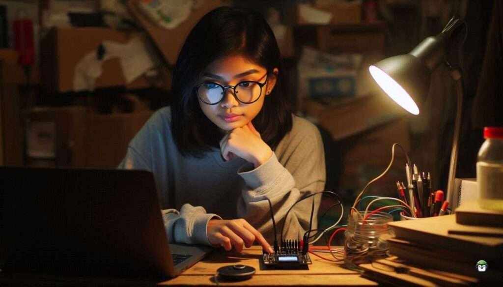 A Filipina maker debugs ESP32 button input during a power outage, using a laptop and desk lamp in a dark room, symbolizing resilience and precision.