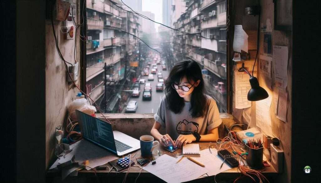 A Filipina techie debugging MicroPython code on ESP32 at night in a dimly lit apartment workspace, with wires, notes, and determination on full display.