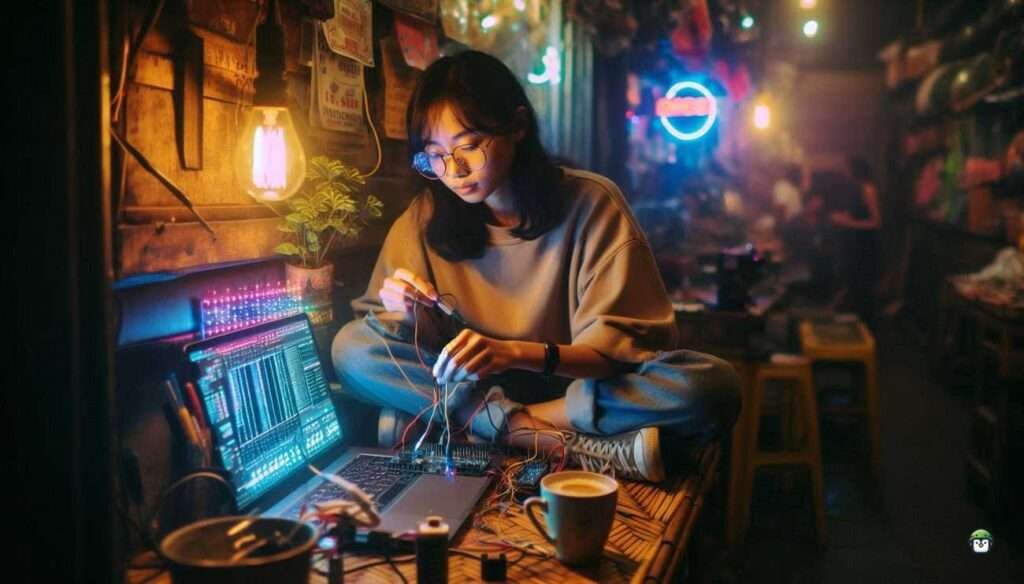 Young Filipina techie Calista wearing glasses, working with an ESP32 and LED matrix display in a makeshift electronics lab inside a sari-sari store at night.