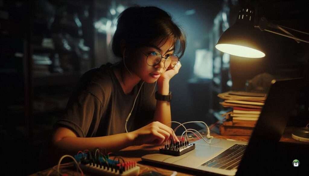 Young Filipina maker reviewing ESP32 WROOM-32 pinout while wiring a breadboard at a DIY bench, highlighting the importance of safe GPIO selection.