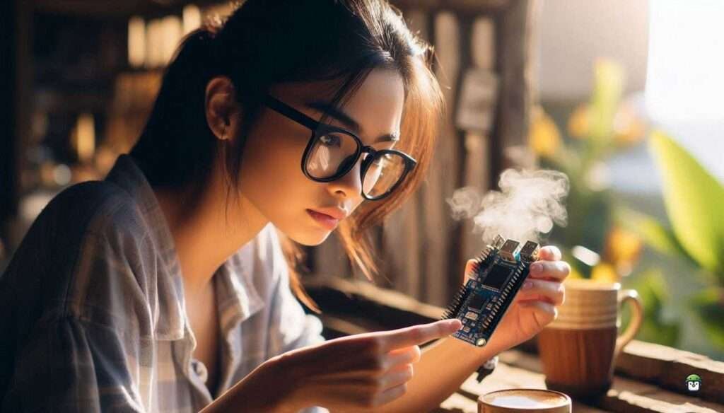 Young Filipina, Calista, wearing black-rimmed glasses, on a sunny porch, carefully inspecting an ESP32 board next to a cup of coffee.