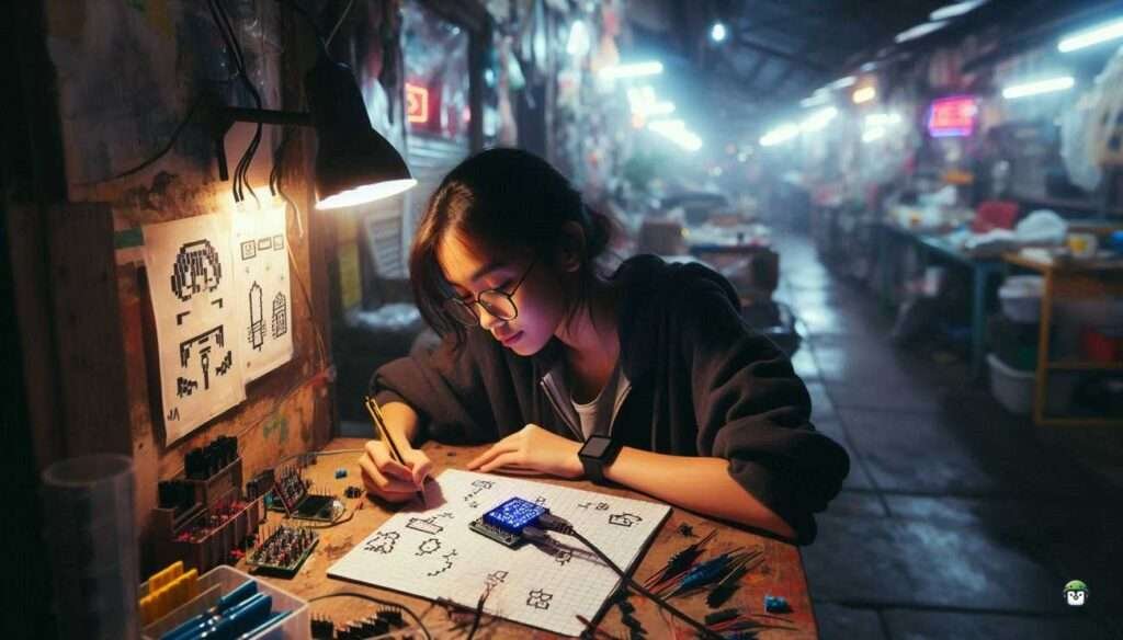 Calista, a young Filipina with black-rimmed glasses, designs LED matrix icons using an ESP32 board at a makeshift electronics workspace lit by colorful pixel graphics.