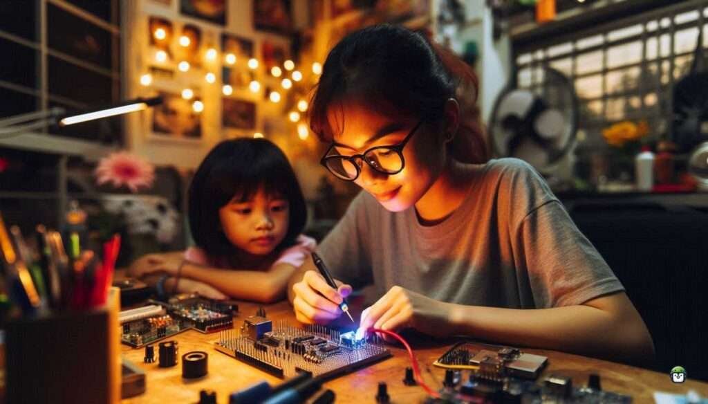 A tech-savvy Filipina in black-rimmed glasses assembles a Micropython MAX7219 LED display with a curious child beside her, in a warmly lit Manila apartment.