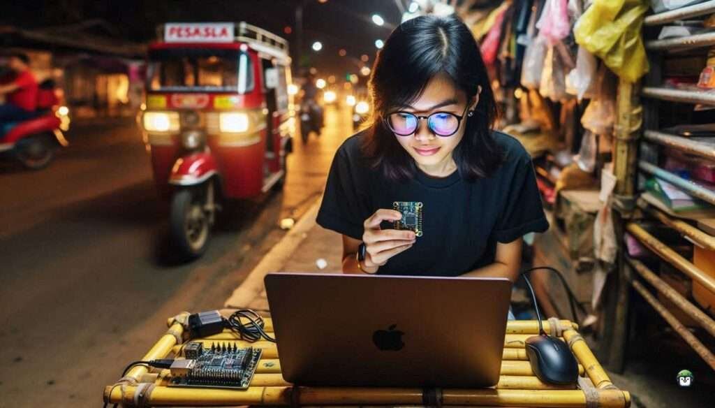 A Filipina maker flashing an ESP32 on a Linux laptop inside a sari-sari store at night, embodying grassroots tech and open-source resilience.