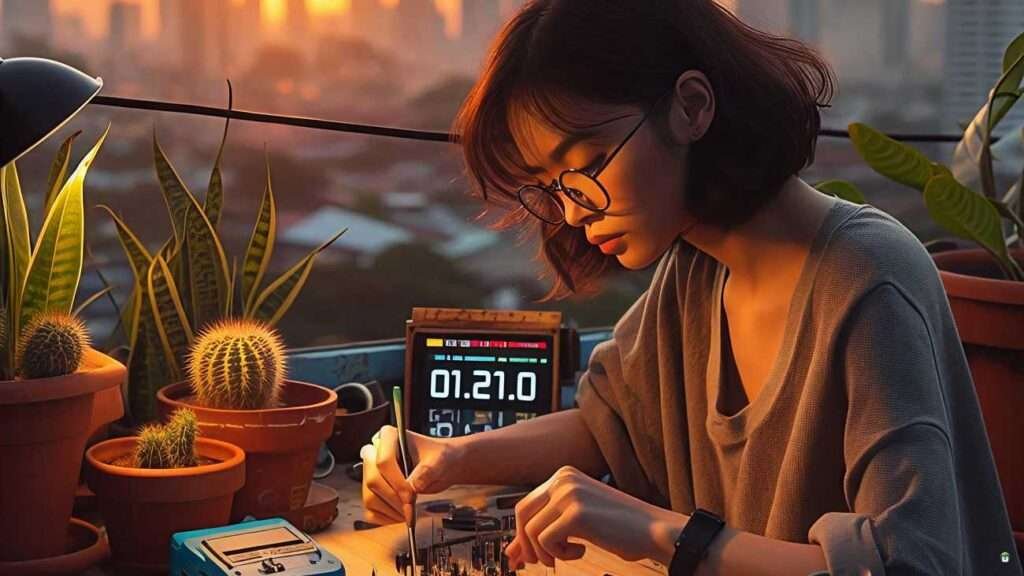 Young Filipina electronics enthusiast testing a DHT22 sensor with ESP32 on a rooftop garden at sunset, surrounded by tools and potted plants.