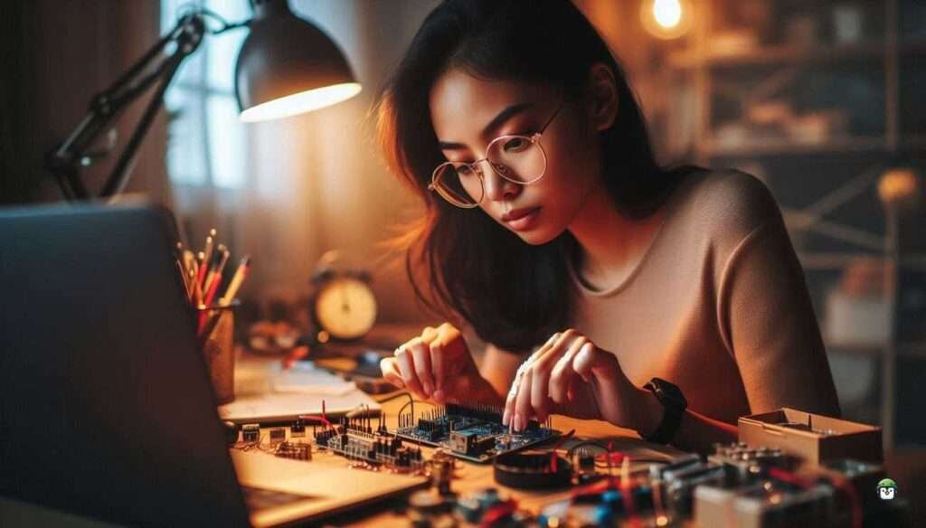 Young Filipina wearing black-rimmed glasses soldering a limit switch to an ESP32 board at a sunlit wooden workshop table with electronics tools.