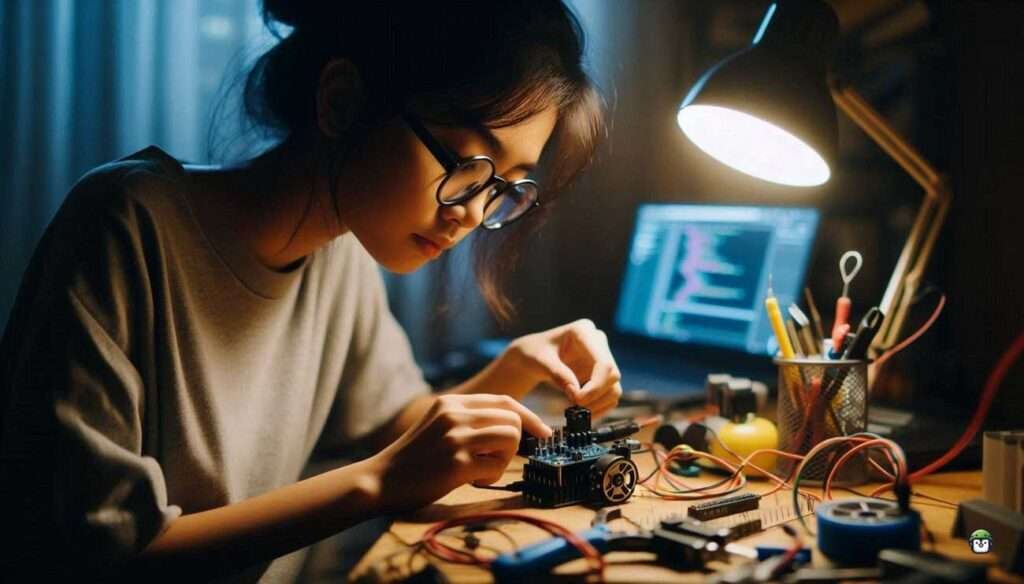 A young Filipina woman with glasses working on an ESP32 servo motor project under a desk lamp, with wires, tools, and a laptop in a cozy night-time setting.