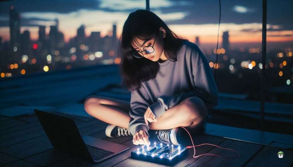 Filipina woman in glasses tuning ESP32 PWM on a laptop beside softly pulsing LEDs on a Manila rooftop at dusk.