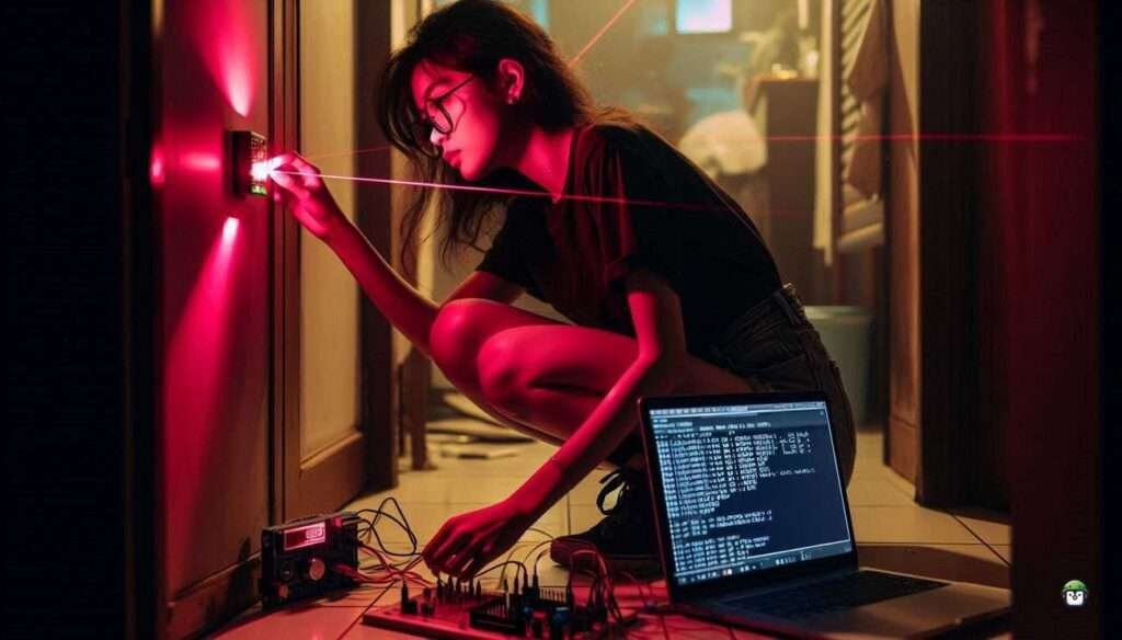 A young Filipina woman with glasses installing a laser break sensor using an ESP32, in a dim, dramatic room lit by a visible red laser beam.