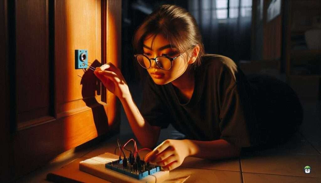 Young Filipina in glasses testing a reed switch sensor with a magnet and ESP32 beside a wooden door in a warmly lit Filipino home.