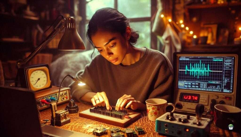 Tech-savvy Filipina adjusting a potentiometer on an ESP32 breadboard setup, set in a warm local workspace with a cinematic feel.