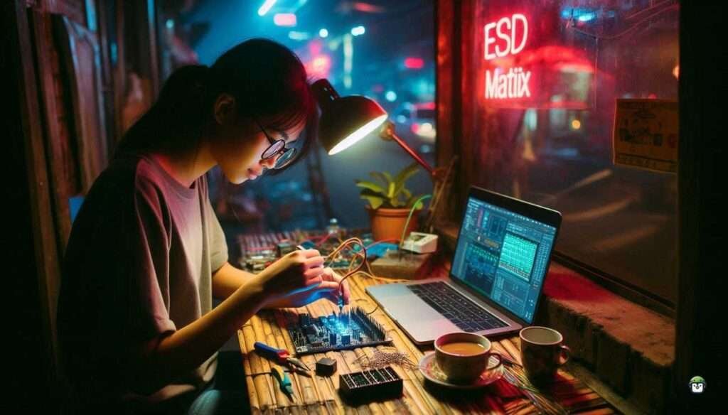 Young Filipina with black-rimmed glasses holding a flex sensor beside an ESP32 board in a cozy, sunlit home workspace filled with electronics and circuit diagrams.