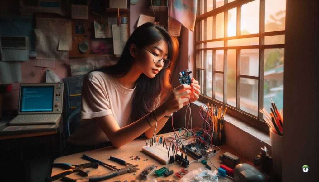 Young Filipina in glasses working with an ESP32 and LDR at a window-lit desk, surrounded by electronics tools in a warm, local home setting.