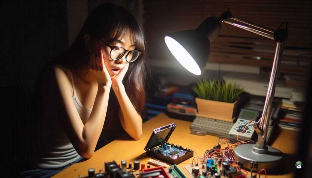 Calista, a young Filipina in glasses, sits at a desk with an ESP32 breadboard project, reacting playfully as a tilt sensor triggers lights or motion unexpectedly.