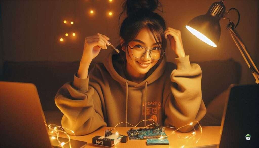 Young geeky Filipina named Calista working on a DIY electronics project with an ESP32 and MP3-TF-16P module on a breadboard, laptop with code open behind her.