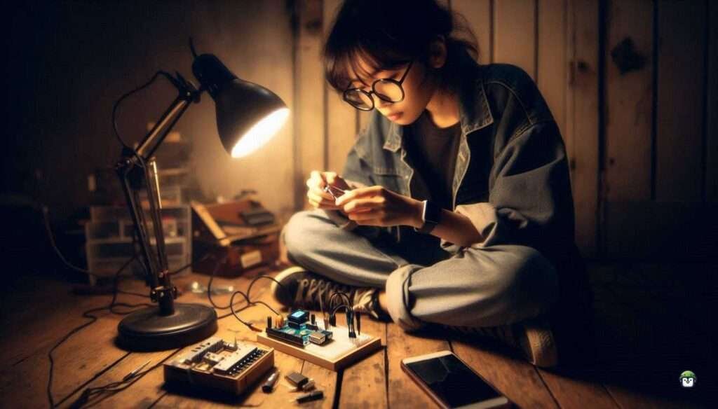 A young Filipina in glasses works on an ESP32-powered motor project at night, surrounded by DIY tools, a phone, and a glowing soldering iron.