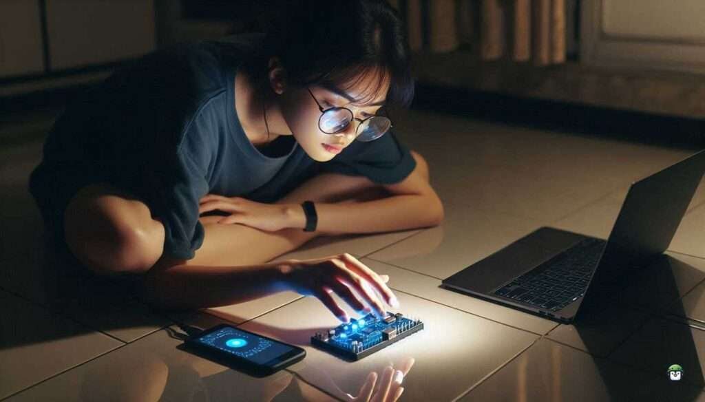 A Filipina techie testing ESP32 touch sensors on a tiled floor at night, lit by laptop glow and soft reflections, evoking focus and precision.