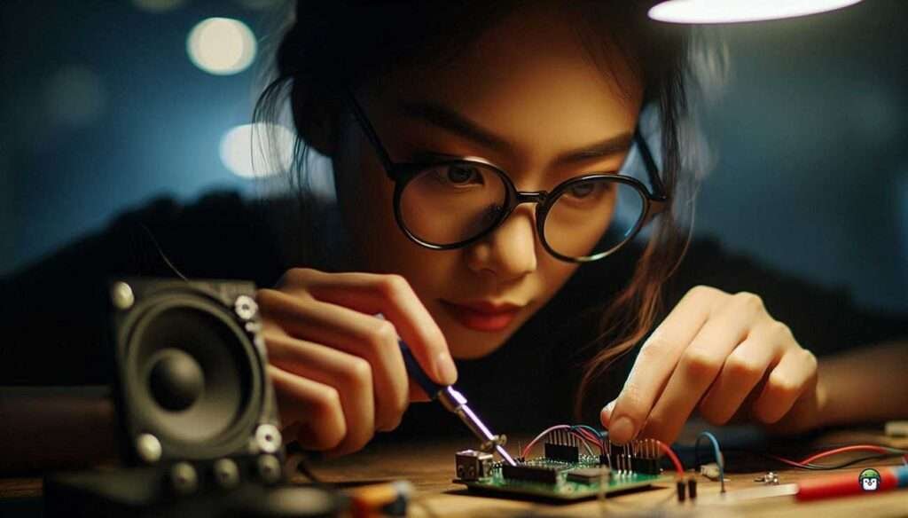 Young Filipina, Calista, wearing black-rimmed glasses, in a workshop, meticulously soldering wires to an ESP32 and amplifier, with a small speaker nearby.