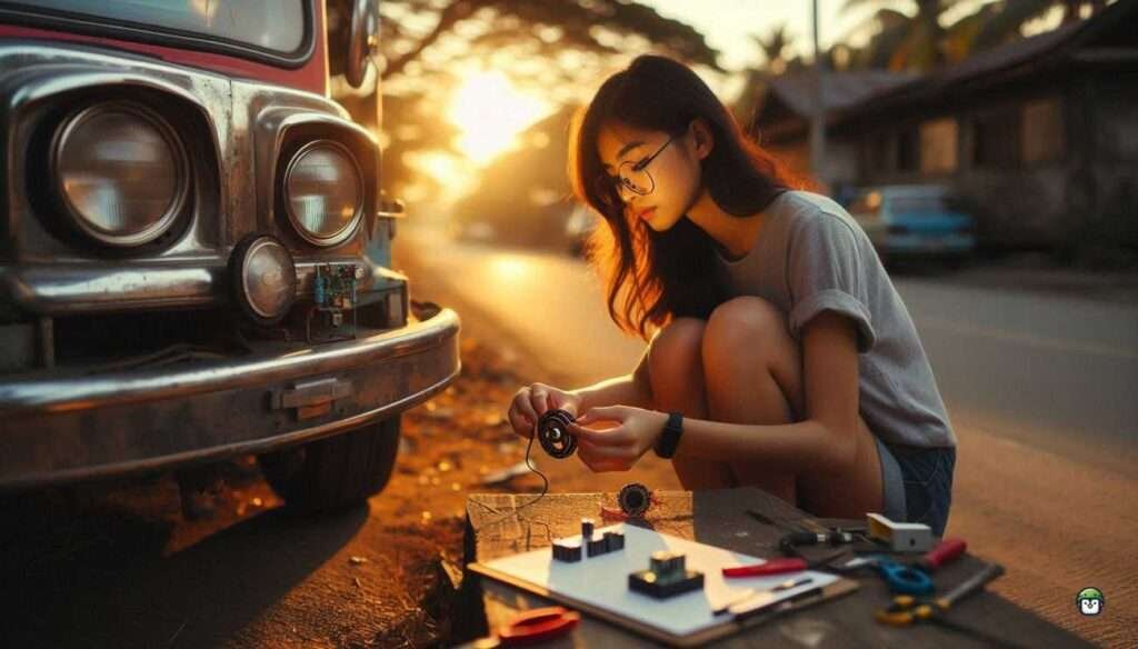 A young Filipina in glasses testing a Hall Effect Sensor on a jeepney wheel using an ESP32, with soft golden light and local roadside atmosphere.