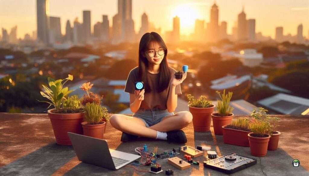 A young Filipina in glasses examines a soil moisture sensor connected to an ESP32 board in a tropical rooftop garden, surrounded by plants and electronics.