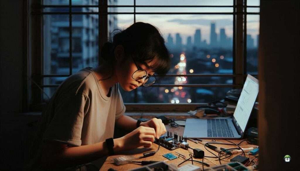 A young Filipina wearing black-rimmed glasses sets up an ESP32 analog microphone module at her desk in a Manila apartment, with dusk light filtering in.
