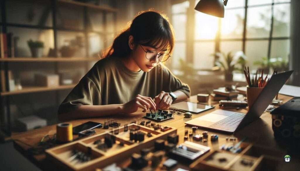 Young Filipina maker with black-rimmed glasses working on an ESP32 circuit board in a cozy, sunlit home workshop.