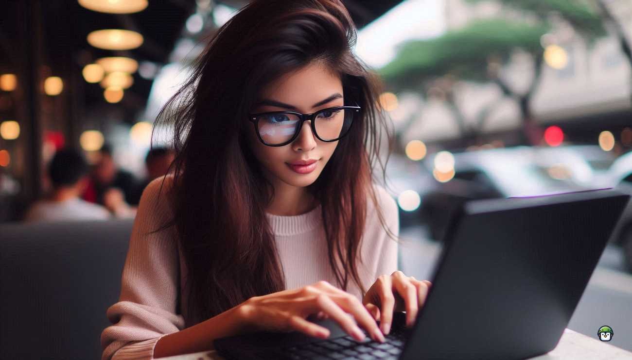A young Filipina with black-rimmed glasses examines a photo on her laptop, searching for hidden metadata that could expose fake news bloggers.