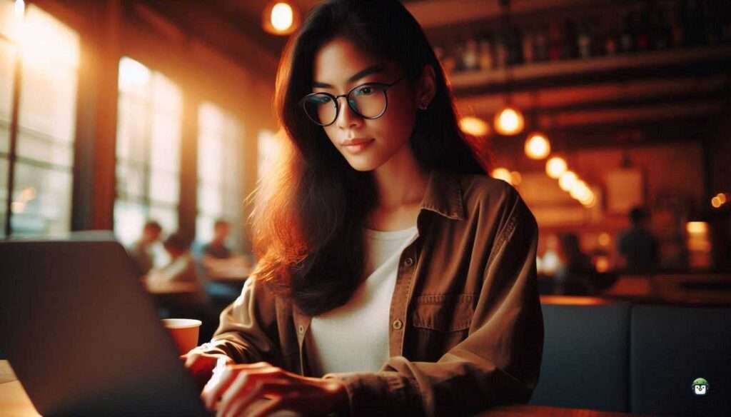 Young Filipina named Calista wearing black-rimmed glasses, focused on her laptop in a cozy café setting.