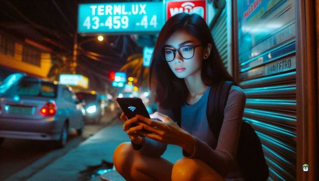 A young Filipina with black-rimmed glasses using Termux on her phone outside a sari-sari store at night, performing network scanning in a cinematic urban setting.