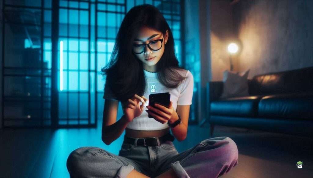 Calista, a young Filipina in black-rimmed glasses, setting up multi-factor authentication on her smartphone in a modern, neon-lit apartment, exuding confidence and tech-savvy charm.