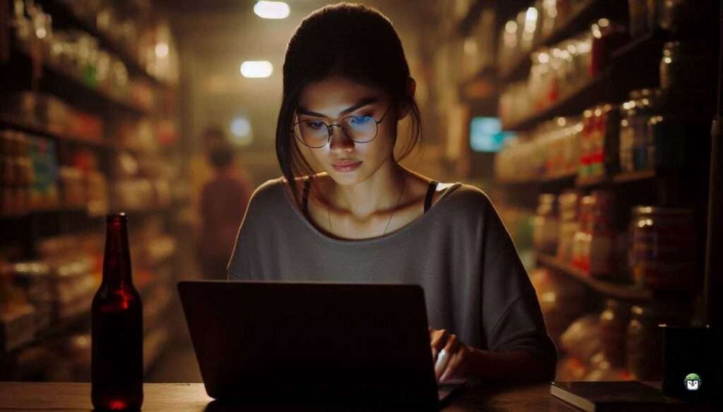 Tech-savvy Filipina named Calista wearing black-rimmed glasses, using a laptop in a sari-sari store at night with OSINT tools on screen.