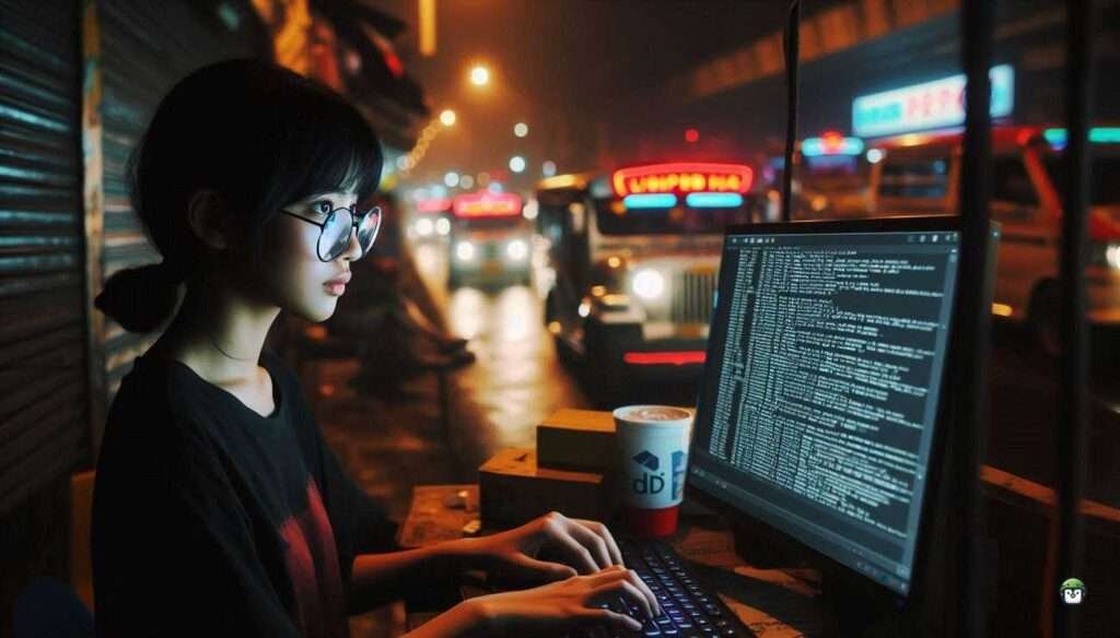 A young Filipina with glasses using Linux in a Manila cybercafé to search for PDF files with OSINT tools.