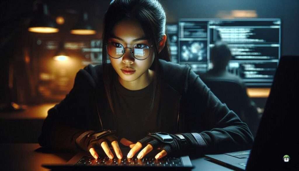 A young, tech-savvy Filipina with black-rimmed glasses focused on her laptop screen in a cyberpunk-inspired setting, surrounded by digital security tools and code, symbolizing OSINT investigations.