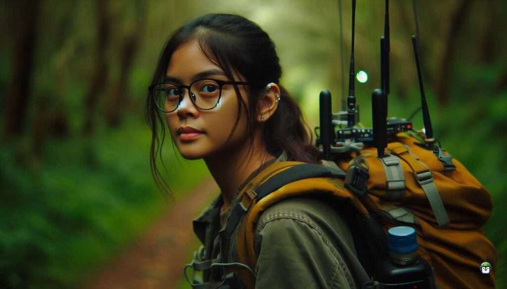 Young Filipina techie Calista hiking in a forest with wireless antennas on her backpack, capturing WiFi networks for geotagging.