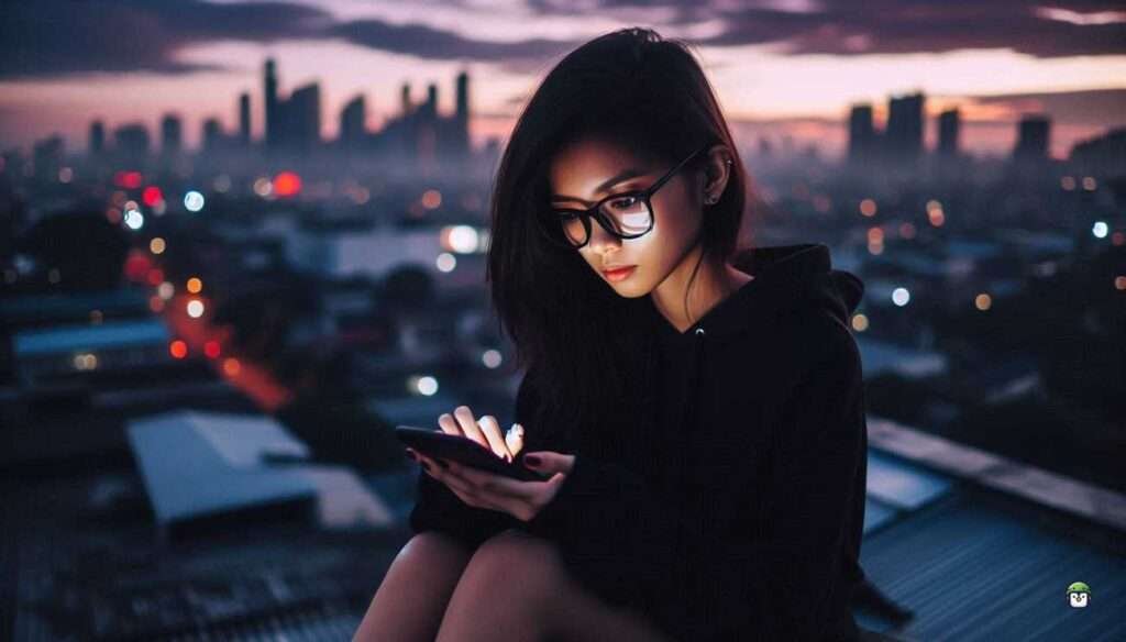 Calista, a young Filipina ethical hacker, works on her phone in Termux under city lights on a rooftop, symbolizing urban cybersecurity awareness.